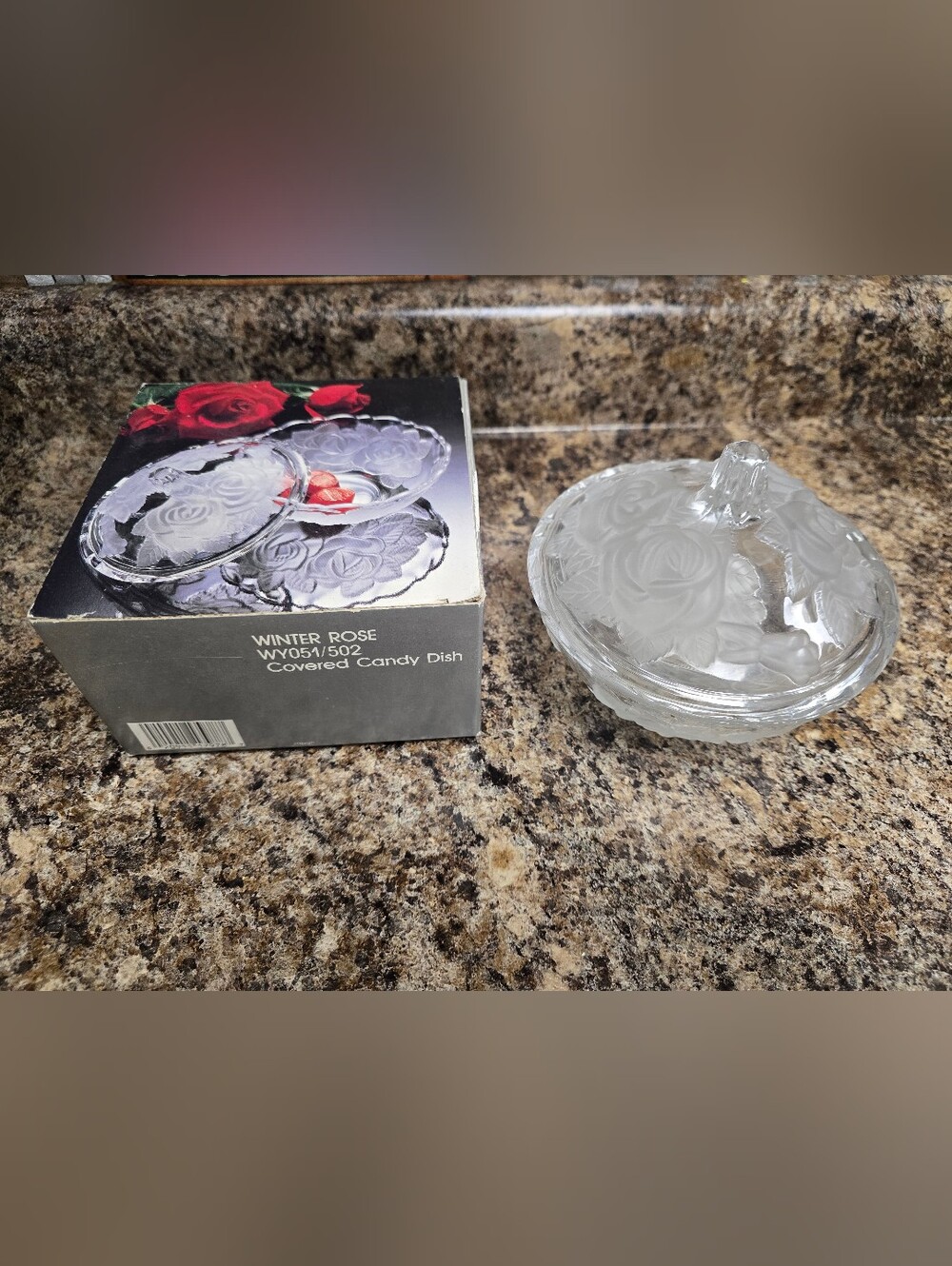Winter Rose Covered Candy Dish - Clear Glass